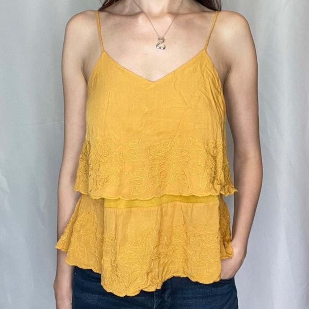 Anthro Abbeline Women's Embroidered Tank Top Golden Yellow Tiered XS Extra Small